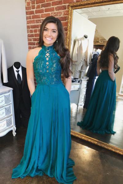 Gorgeous High Neck Blue Long Prom Dress With Pockets M1995