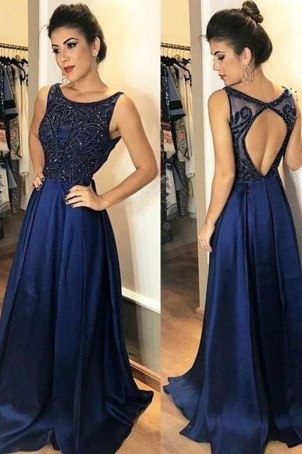 Newest Beading Prom Dress, Stain Long Prom Dress, Generous Open Back Evening Dress M1996