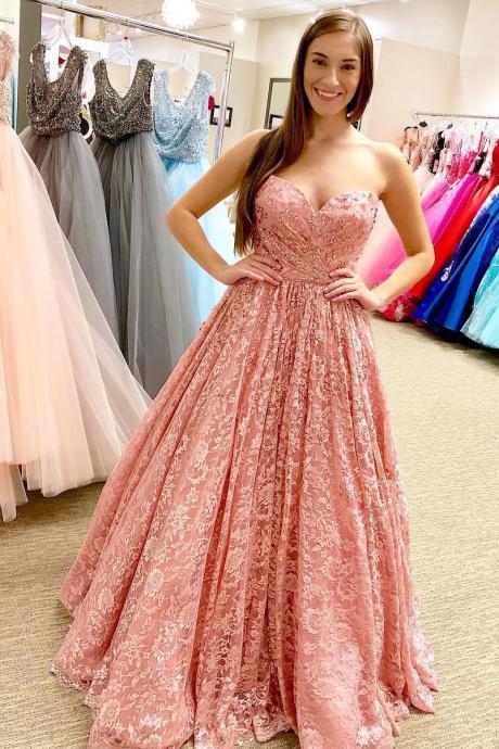 Peach Lace Beaded Sweetheart A-line Evening Prom Dresses, Sweet Dresses M1997