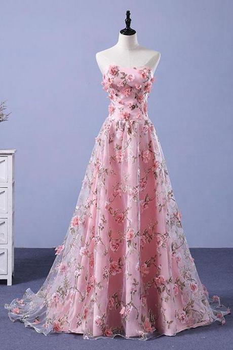 Pink Prom Dresses A-line Sweetheart Sweep Train Floral Print Long Lace Prom Dress M2000