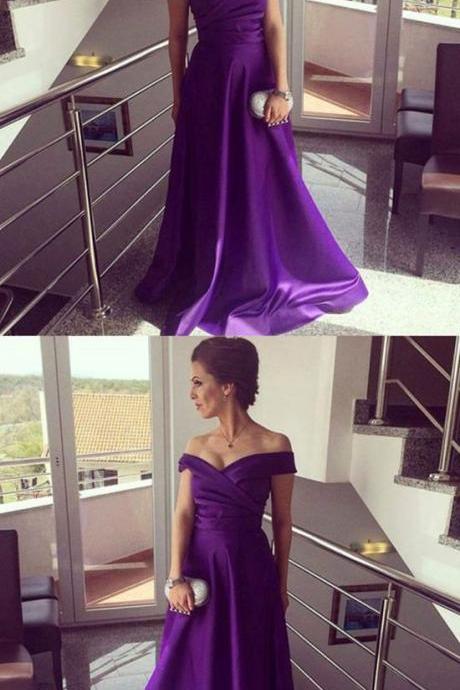 A-line Off The Shoulder Sleeveless Floor-length Purple Satin Prom Dress M2019