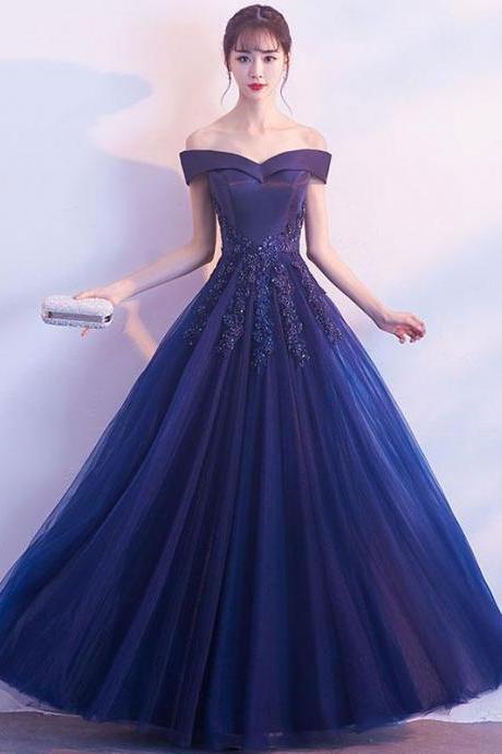 Dark Blue Off Shoulder Long Prom Dress, Blue Evening Dress M2021