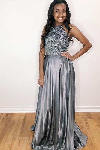 Gorgeous Sparkly Grey Long Prom Dress With Side Slit M2031