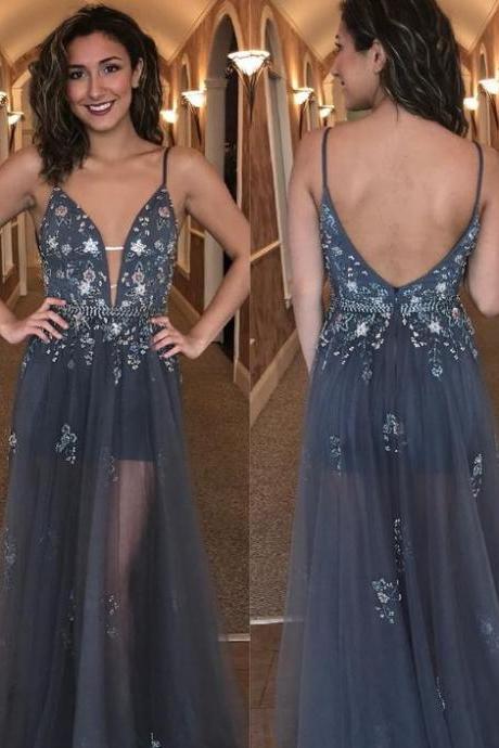 Gorgeous Straps Grey Long Tulle Prom Dress M2033