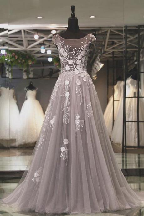 Light Gray Tulle Lace Applique Long Prom Dress, Gray Evening Dress M2041