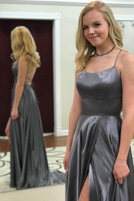 Dark Grey Satin Spaghetti Strap Formal Open Back Long Prom Dresses With Slit M2052