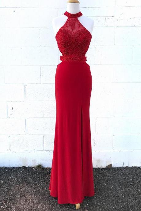 Halter High Neck Red Jersey Backless Formal Mermaid Long Prom Dresses With Split M2054