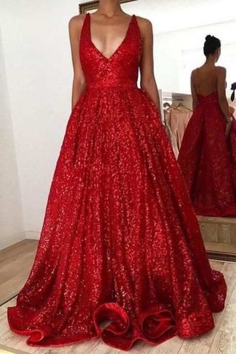 Red Sequins V Neck Long Prom Dress, Red Evening Dress M2057