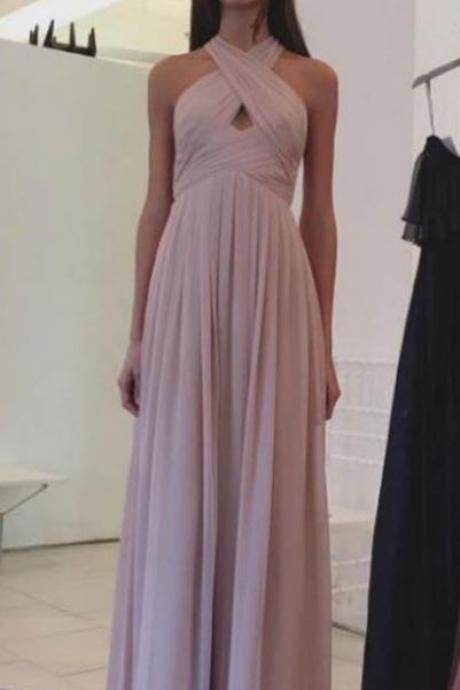 Criss-cross Prom Dresses, Pink A-line/princess Prom Dresses, Long Pink Prom Dresses, Pink Chiffon Long A-line Halter Simple Elegant Prom Dresses