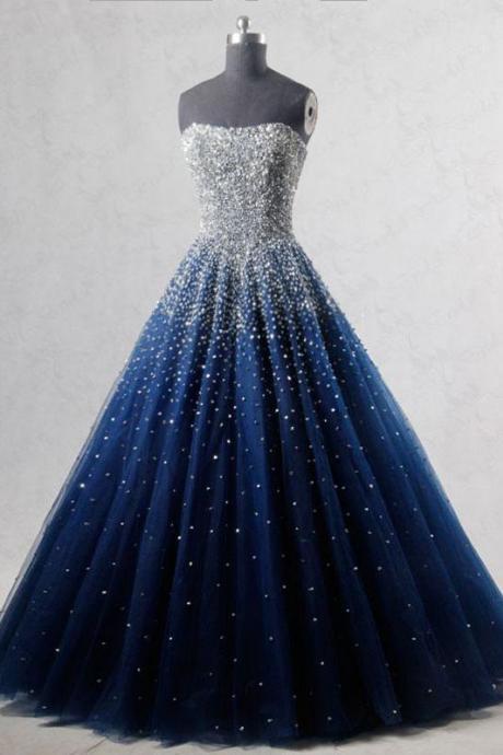 Blue Sweetheart Sequin Tulle Long Prom Dress, Blue Evening Dress M2069