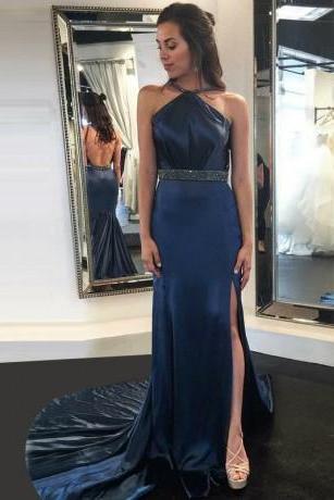 A-line Halter Backless Court Train Dark Blue Stretch Satin Prom Dress With Beading M2071