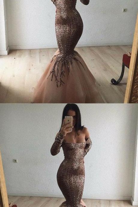 Mermaid Off The Shoulder Long Sleeves Gold Tulle Prom Dress With Sequins M2072
