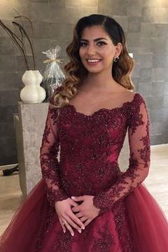 Charming Prom Dress, Long Sleeve Appliques Evening Dress, Burgundy Tulle Ball Gown Prom Dresses M2113