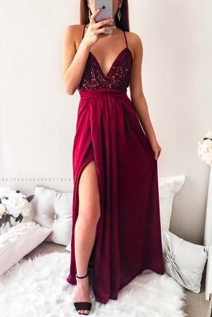 A-line Deep V-neck Floor-length Burgundy Stretch Satin Prom Dress With Sequins M2134