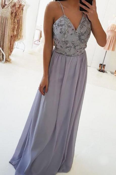 A-line Spaghetti Straps Floor-length Lilac Stretch Satin Prom Dress With Lace M2138