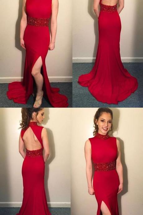 Mermaid High Neck Open Back Sweep Train Red Prom Dress With Beading Split M2141
