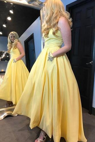 Gorgeous Strapless Yellow Long Prom Dress With Pockets M2153
