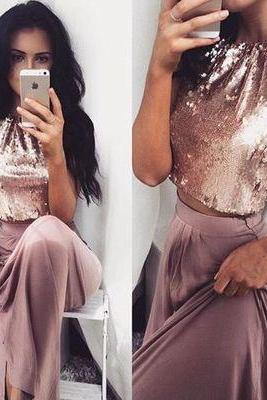 Fashion Two-piece A-line Sequins Long Prom Evening Dress M2159