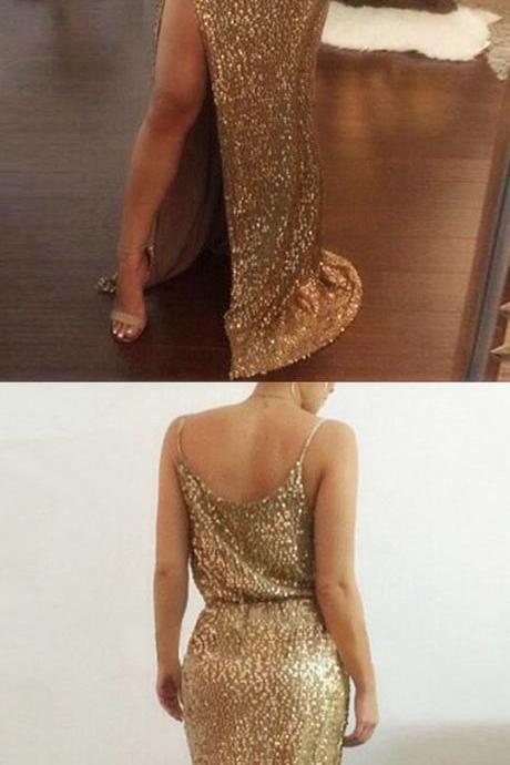 Leg Split Gold Sequins V Neck Sleeveless Sweep Train Prom Dress M2172