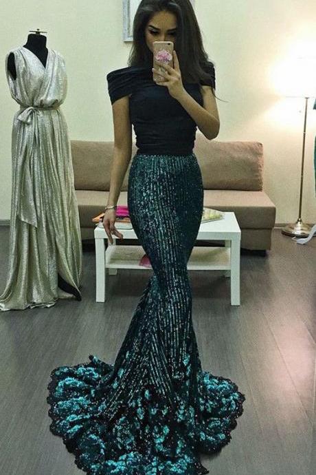 Mermaid Off-the-shoulder Green Sequined Evening Prom Dress M2178