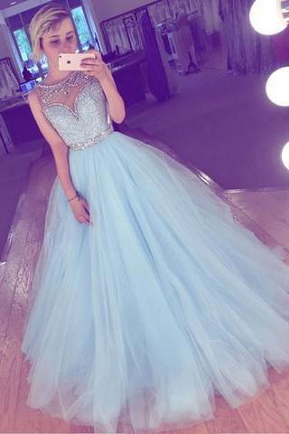 Sky Blue Prom Dress,long Prom Dress,tulle Prom Dress,a-line Prom Dress, Prom Gown,beading Prom Dresses M2190