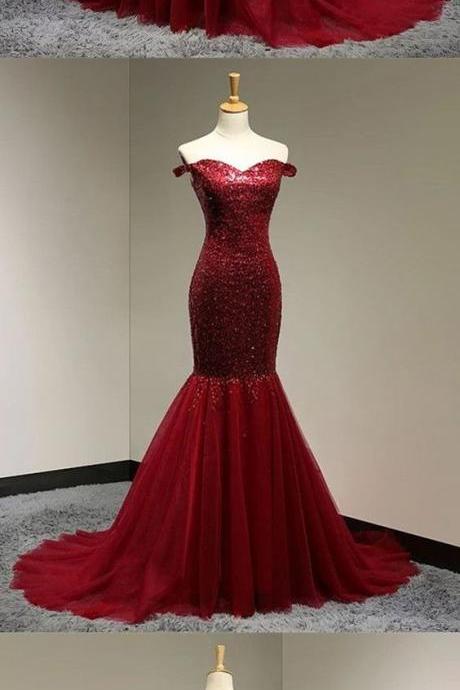 Burgundy Sequins Sweetheart Mermaid Evening Dress Off Shoulder Prom Gowns 2018 M2191