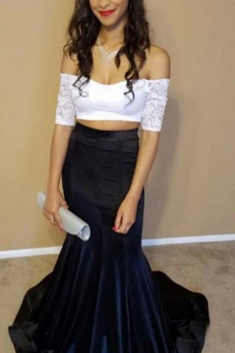 Short Sleeve Prom Dresses, Black And White Short Sleeve Prom Dresses, Two Piece Prom Dresses, Off Shoulder Long Mermaid Modest Two Pieces Classy