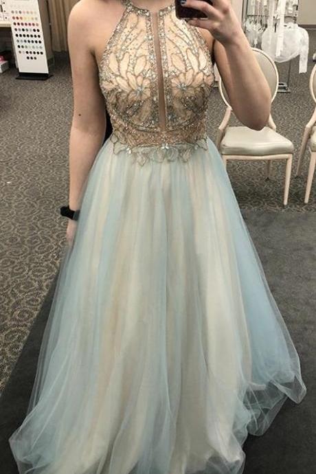 A-line Jewel Sweep Train Sage Tulle Prom Dress With Appliques Beading M2205