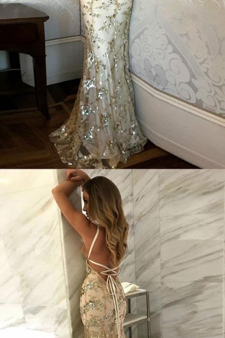 Mermaid Spaghetti Straps Champagne Tulle Prom Dress With Appliques M2208