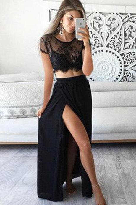 Two Pieces Short Prom Dresses, Sleeve Sexy Side Slit Black Lace Long Prom Gowns M2261