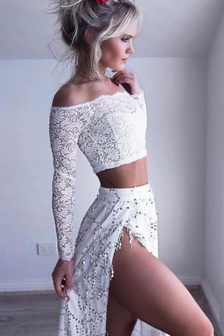 Two Piece Prom Dresses,off-the-shoulder Prom Dresses,ivory Prom Dresses,sequined Prom Dresses,split Prom Dresses,lace Prom Dresses,prom Dresses