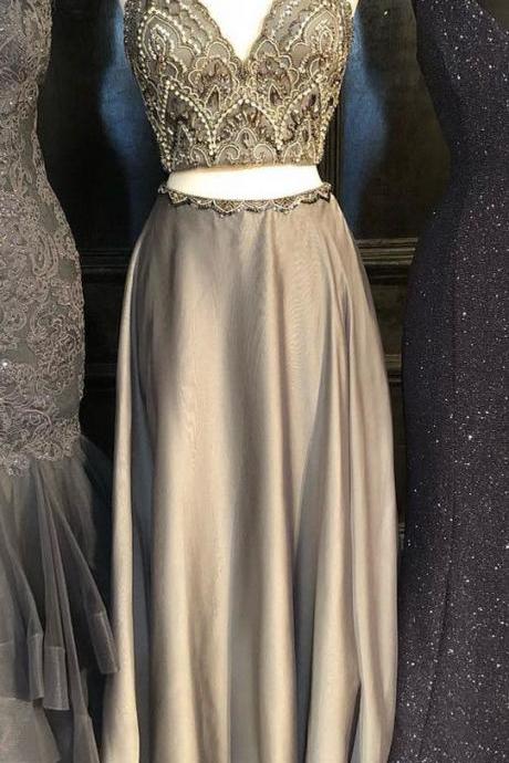 Sparkly Two Piece Sequins Navy Blue Long Prom Dress M2267