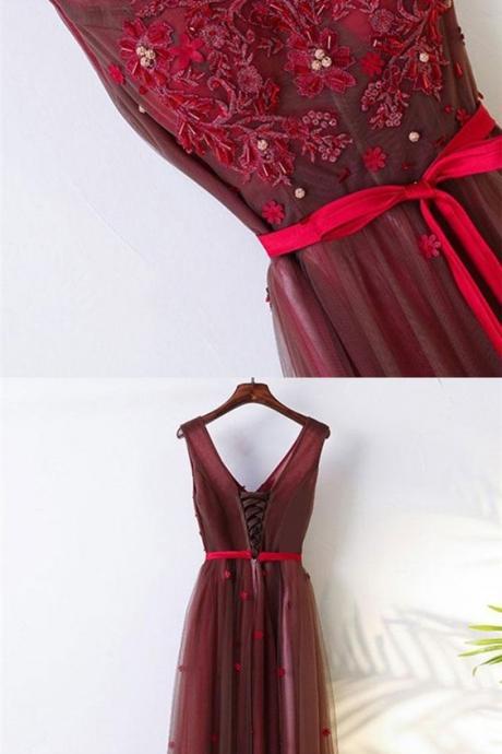 A-line Crew Floor-length Burgundy Tulle Prom Dress With Appliques Belt M2277