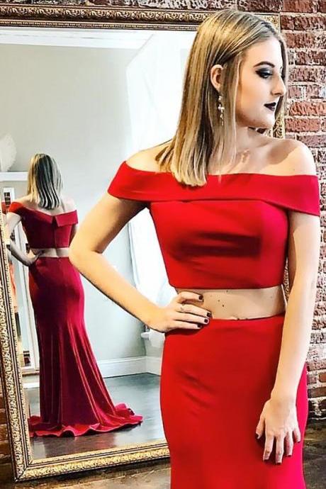 Two Piece Off-the-shoulder Sweep Train Red Stretch Satin Sleeveless Prom Dress M2329