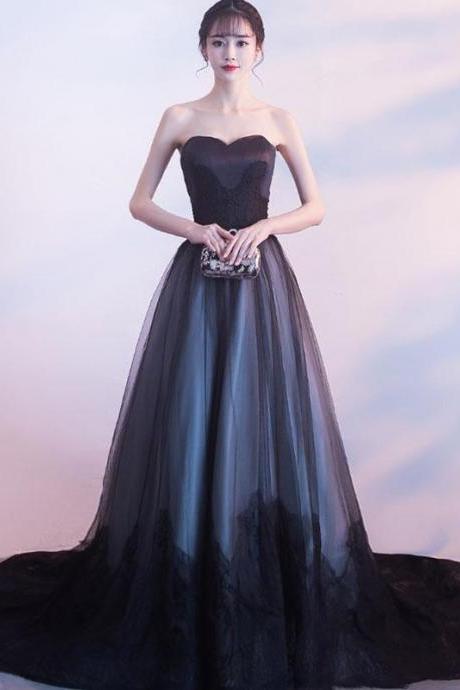 Black Sweetheart Neck Lace Long Prom Dress, Black Evening Dress M2340