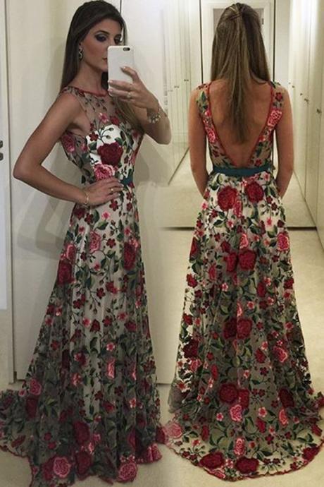 Exquisite Round Neck Sleeveless Backless Sweep Train Floral Lace Prom Dress M2341