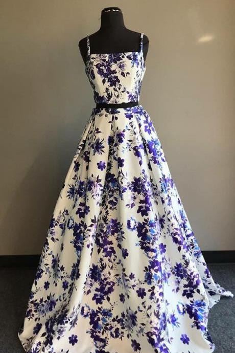Two Piece Spaghetti Straps Floor-length White Printed Prom Dress M2344