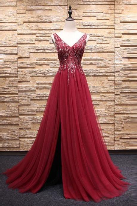 A-line V-neck Burgundy Tulle Beaded Prom Dresses With Split M2348