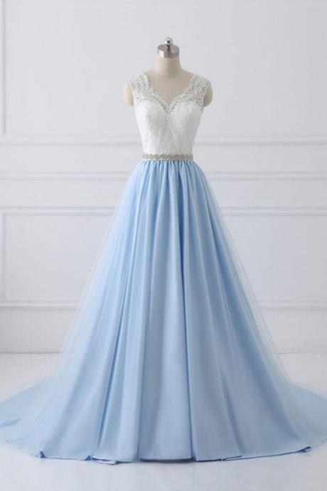 Sky Blue Long V Neck Halter Evening Dress With Beaded Belt, White Lace M2357