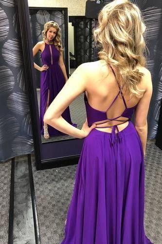 Halter Purple Chiffon Long Prom Dress With Side Slit M2373