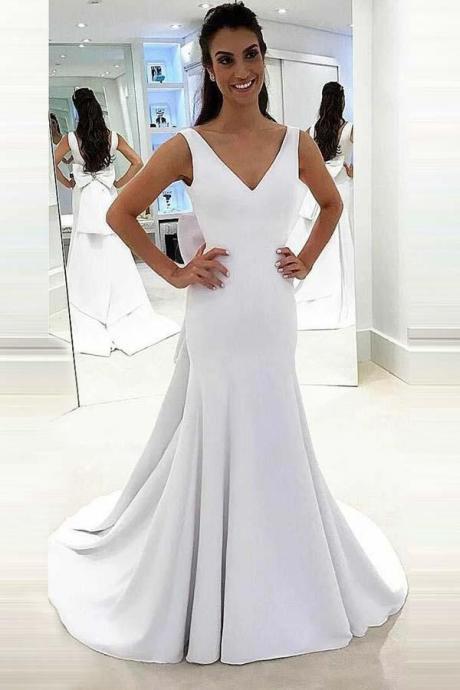 Mermaid Deep V-neck Sweep Trian White Satin Backless Wedding Dress M2375