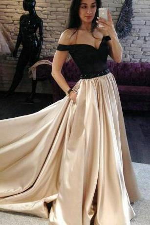 A-line Off The Shoulder Court Train Champagne Beaded Prom Dress With Pockets M2383