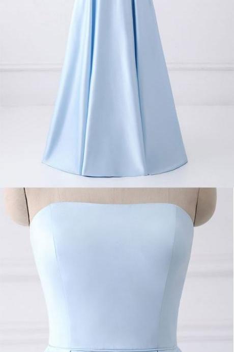 Simple A-line Strapless Long Crystal Light Blue Cheap Prom Dresses with Pocket M2391