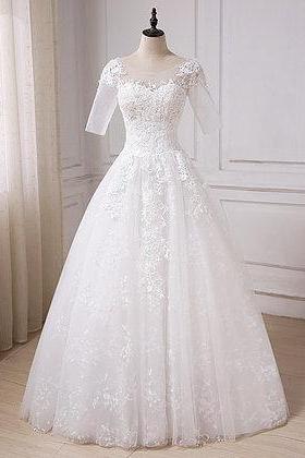 Elegant White Tulle Mid Sleeve Long Lace A-line Wedding Dress With Appliqués M2401