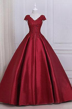 Burgundy Satin V Neck Cap Sleeve Long Senior Prom Dress With Appliques M2427