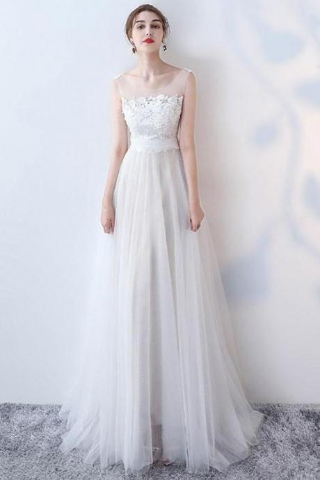 Elegant White Lace Tulle Long Prom Dress, White Evening Dress M2434