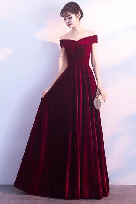 Burgundy v neck velvet long prom dress, evening dress M2435