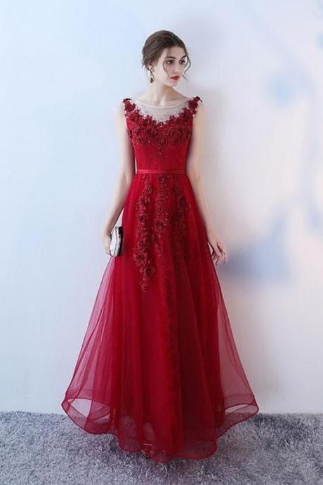 Burgundy Tulle Lace Long Prom Dress, Evening Dress M2439