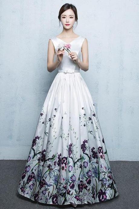 White Floral Pattern Long Prom Dress, White Evening Dress M2440