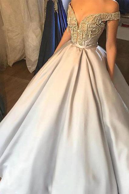 V-neck Long Prom Dress Off The Shoulder A-line Satin Evening Dress Prom Gowns M2443